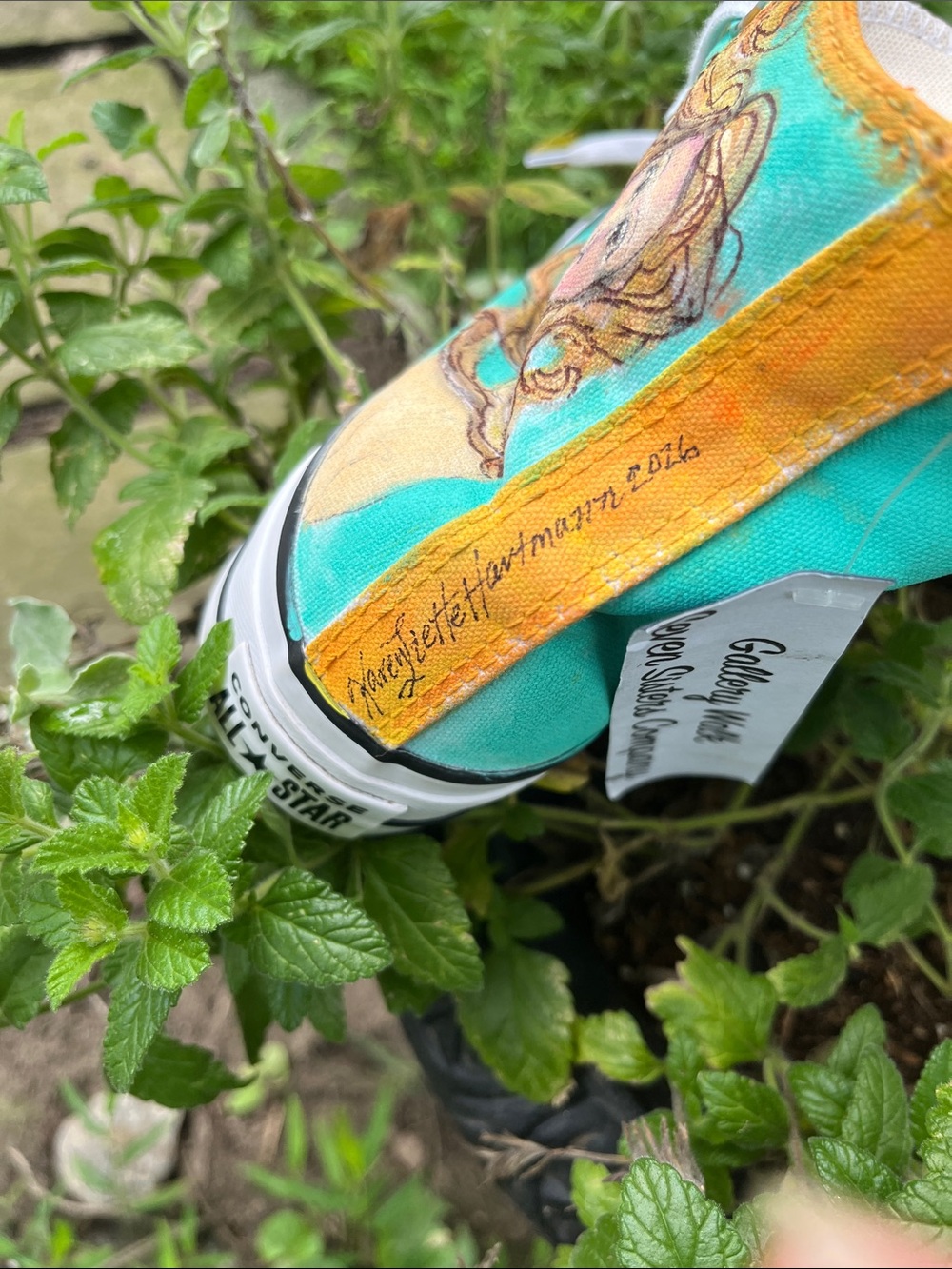 Turquoise High-Top Canvas Sneaker with Hand-Painted Portrait - Picture 3 of 3